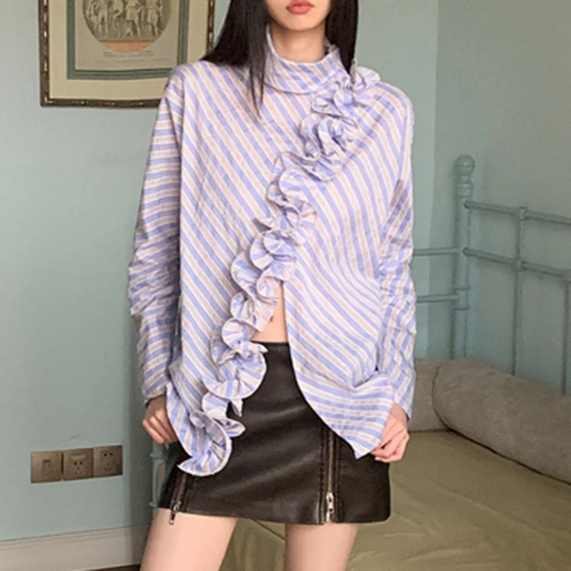 

Women's Blue Hot Diamond Butterfly Print Shirt Summer Casual Fashion Korean Loose Long-Sleeved Shirt 2000s Trend Holiday Clothes