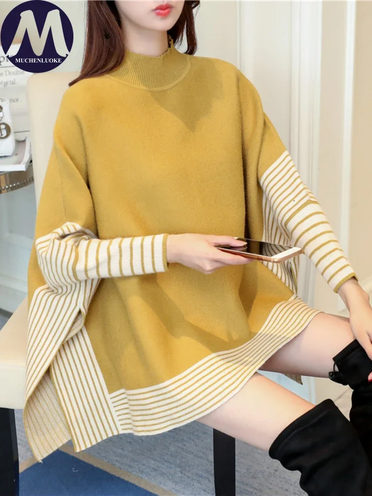 

Women's Sweater Autumn Winter New Stripe Batwing Sleeve Knitted Sweater Top Korean Fashion Casual Side Slit Jumpers Pullovers