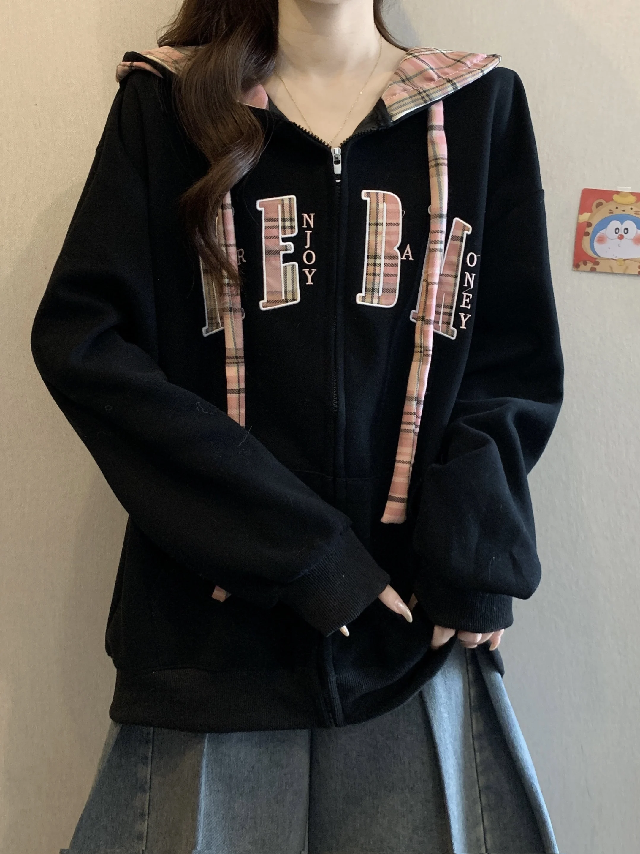 

Корейская женская толстовка-кардиган больших размеров свободного кроя с вышивкой, осенне-зимняя верхняя одежда, повседневная, дышащая, из полиэстера