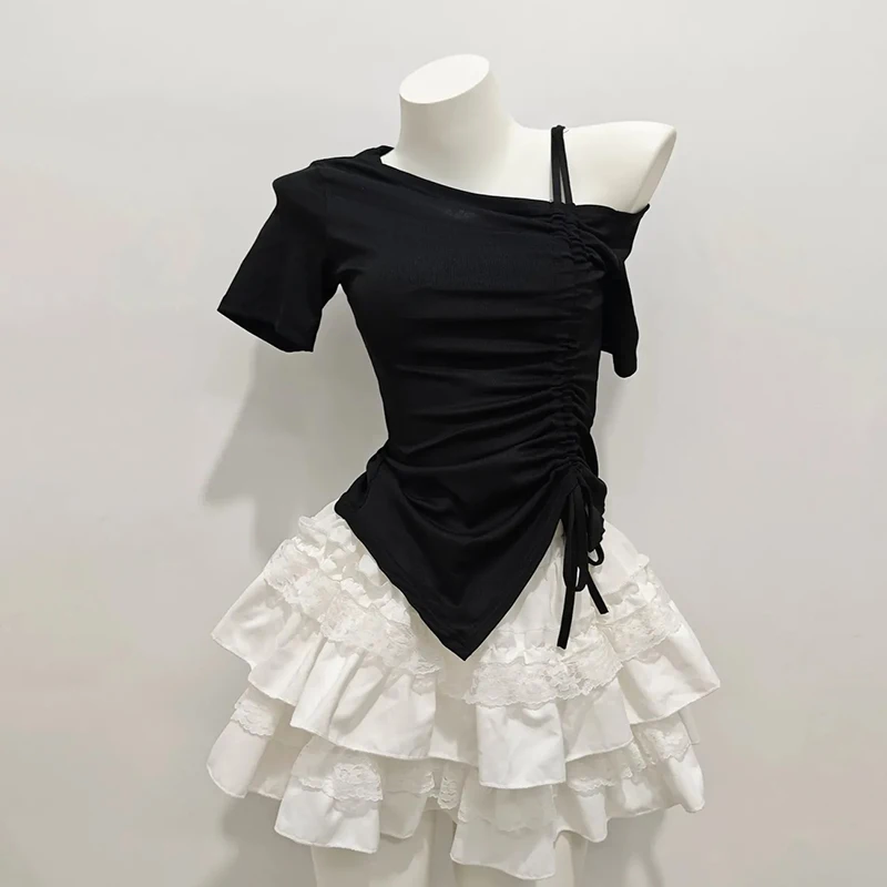 Sweet Two Piece Set Women Skew Collar Slim Fit Drawstring Preppy Black Tops Summer Kawaii White Lace Patchwork Mini Cake Skirt