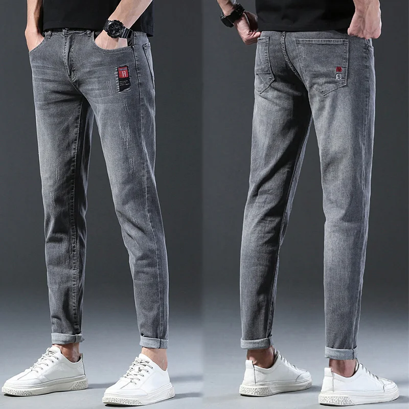 Jeans elasticizzati Slim grigi da uomo di marca Casual Classic Cotton Trend pantaloni in Denim elasticizzati a matita per giovani pantaloni Skinny