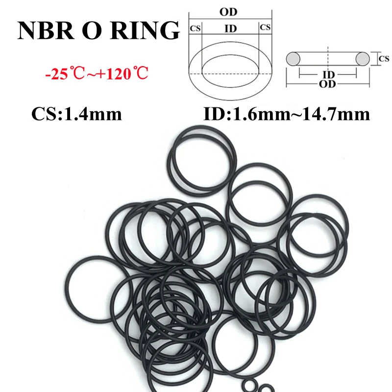 50pcs Black O Ring Gasket CS 1.4mm ID 1.6~ 17mm NBR Automobile Nitrile Rubber Round O Type Corrosion Oil Resistant Seal Washer