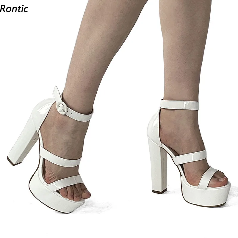 

Rontic Handmade Women Platform Summer Sandals Ankle Strap Block High Heels Round Toe Nice White Dress Shoes US Size 5-20