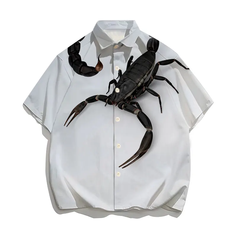 Drop Shipping Men's Shirt Cool Scorpion Print Short-sleeved Fashion Lapel Hawaiian Beach Shirt Hip-hop Top Loose European Size