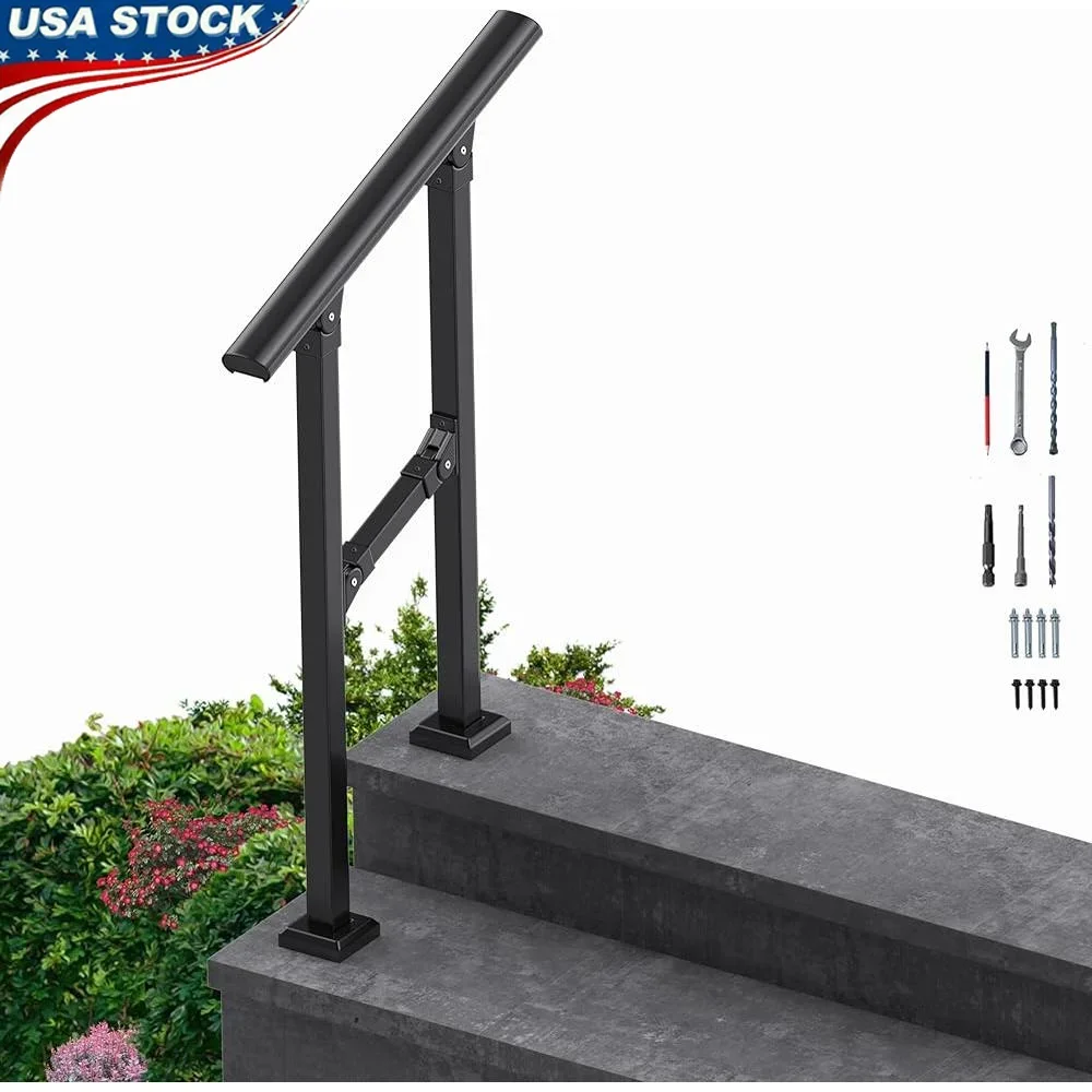 2 Step Aluminum Stair Handrail Outdoor Railing Kit Easy Install Durable Rust-proof Support Elderly and Disabled Access