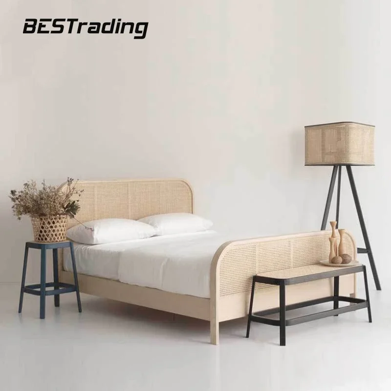 Solid wood rattan wabi-sabi rattan bed Southeast Asia double simple modern bed and breakfast hotel home bed