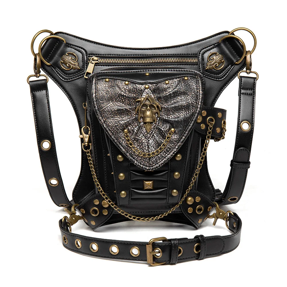 

Unisex Punk Gothic Style Skeleton Head Chain Bag Metal Skeleton Shoulder Crossbody Motorcycle Waist Leg Bag American Retro Style