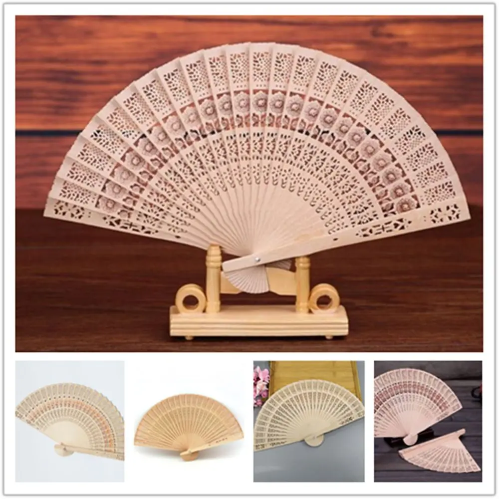 

New Decoration Portable Wooden Bamboo Print Flower Folding Fan Hand Held