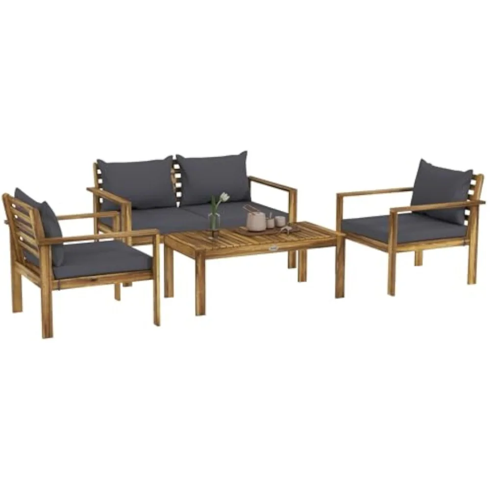 

Patio Furniture Set, 4 Piece Acacia Wood Conversation Set with a Sofa, Table & Chairs, Cushions with Removable Covers