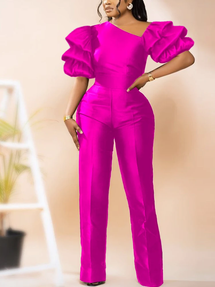 Elegant Women Jumpsuits Stunning Shiny Puff Sleeve Wide Leg One Piece Outfit Summer Fuchsia Rompers for Party Evening Celebrity