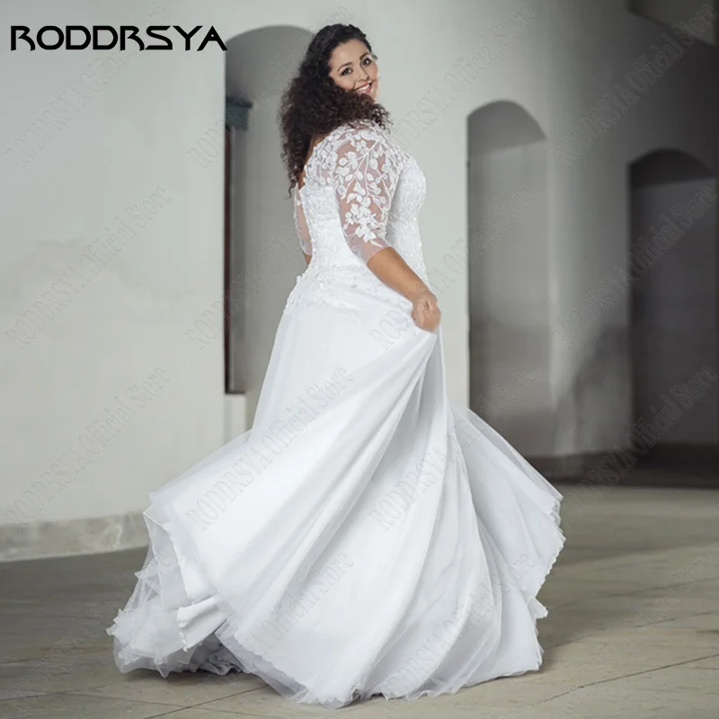 RODDRSYA 3/4 maniche abito da sposa per Plus Size abiti da sposa con scollo a v vestido noiva boho Lace Up abito da sposa Beach Custom Made 3/4 Maniche Abito da sposa Per Plus Size Bridal V-Neck Appliques vestido noiva