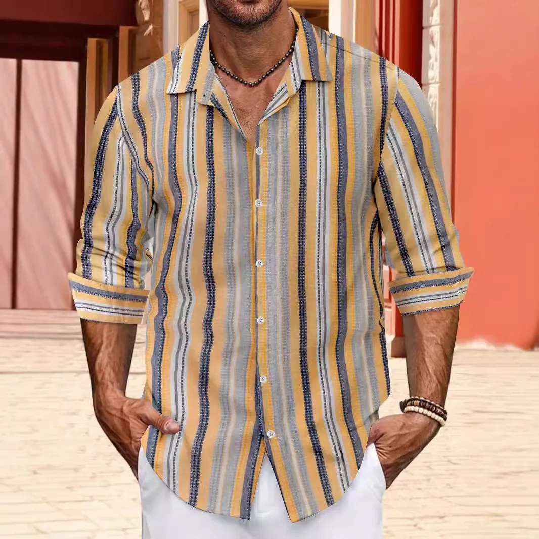 

2025 Fast Selling Men's Single-breasted Lapel Shirt Cotton Linen Blend Thickened Fleece Autumn Collar Nine-point Sleeve