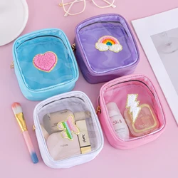 Mini bolsa de lápices labiales a prueba de agua, parches de avión de PVC transparente, bolsa de cosméticos de viaje, bolsa de maquillaje con cremallera, chenilla, corazón, Rayo, arcoíris