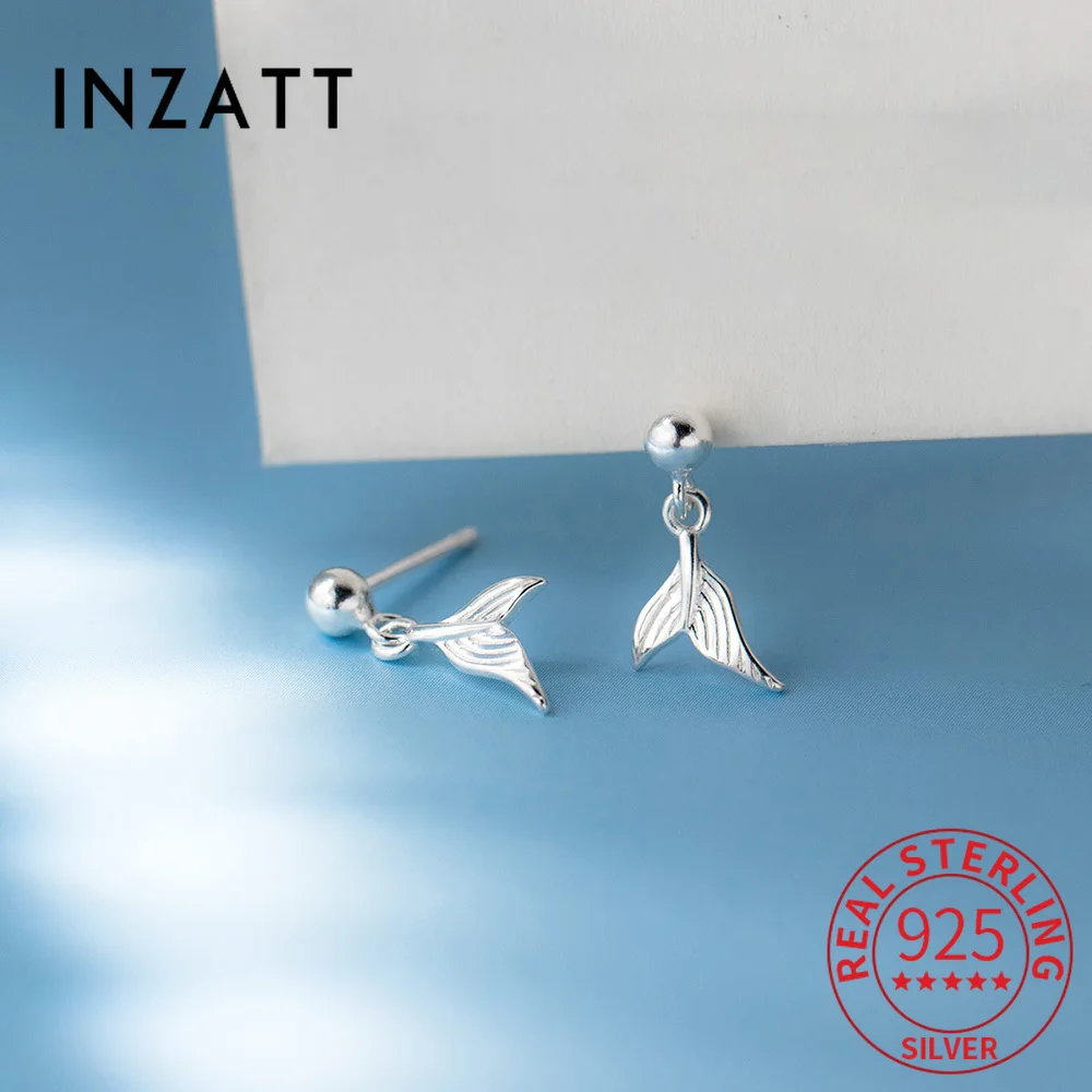 

INZATT Real 925 Sterling Silver Fish Tail Pendant Animal Stud Earrings for Women Classic Fine Jewelry Light Luxury Accessories