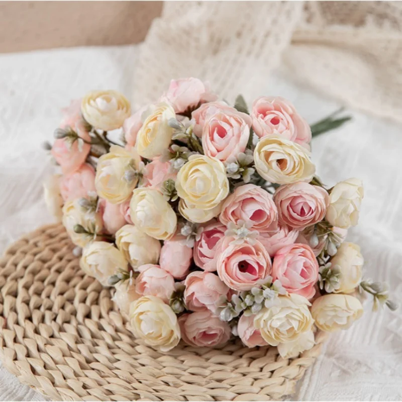 

Decorative Wedding Bridal Bouquet Roses Small Tea Buds 12/16/20/24pcs for Home Party Living Room Engagement Decoration