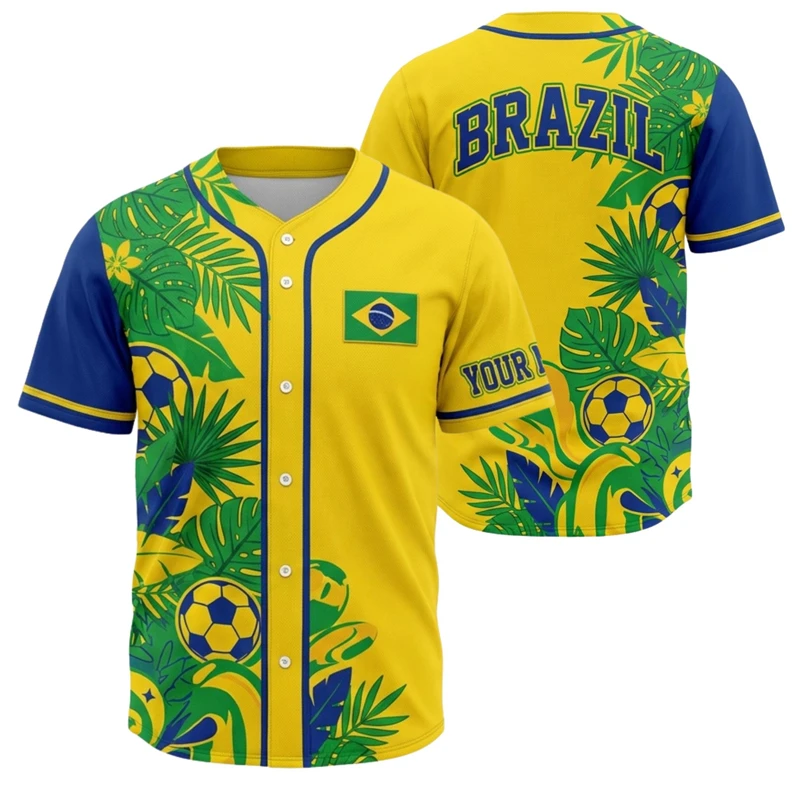 Customized Name Brazil Baseball Shirt Gift For Men Fans Comfortable Summer Button Short Sleeve Quick Dry Sports Oversized Shirts