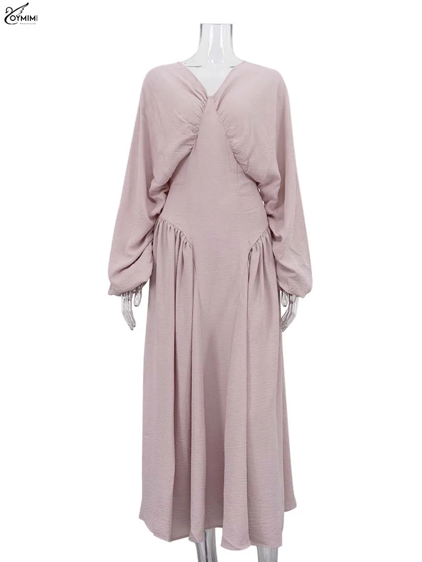 Oymimi Fashion Pink Loose Women\'s Dress Elegant V-Neck Long Sleeve Solid Dresses Spring Casual Pleated Floor-Length Dress Female