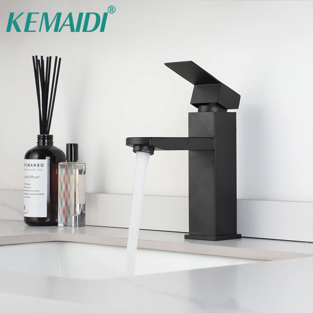 

KEMAIDI Matte Black Bathroom Faucet Single Handle Bathroom Sink Faucets Hot Cold Water Mixer Tap Deck Mounted Chrome Finished