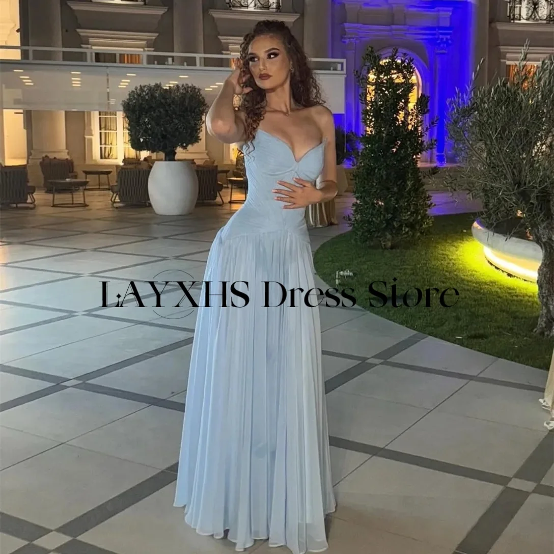 LAYXHS Simple Sweetheart ชุดราตรีสีฟ้า A-Line ความยาวผู้หญิงชุดราตรีที่กําหนดเอง فستانة
