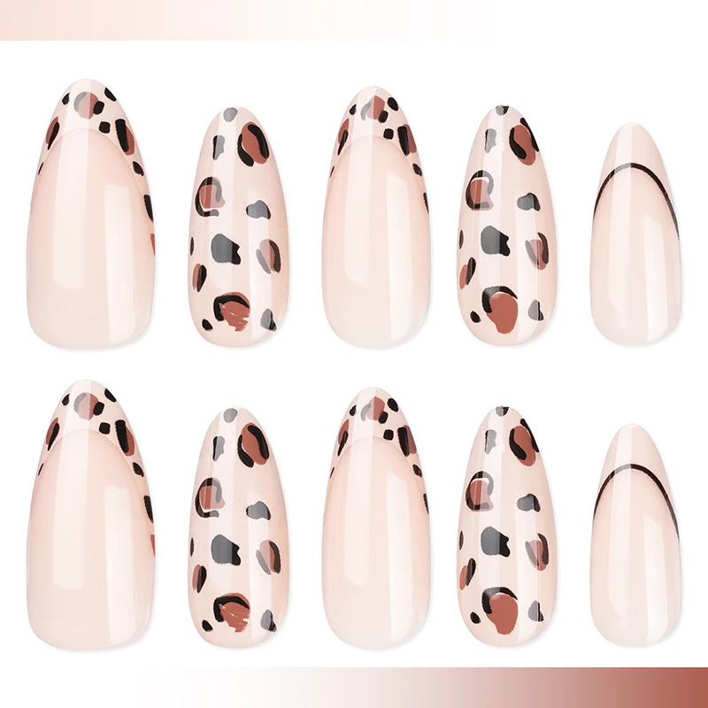 24pcs Fake Nail Elegant Daily Nail Art for Fall Winter Medium Almond French Leopard Nail Full Set False Nails Press on Nails