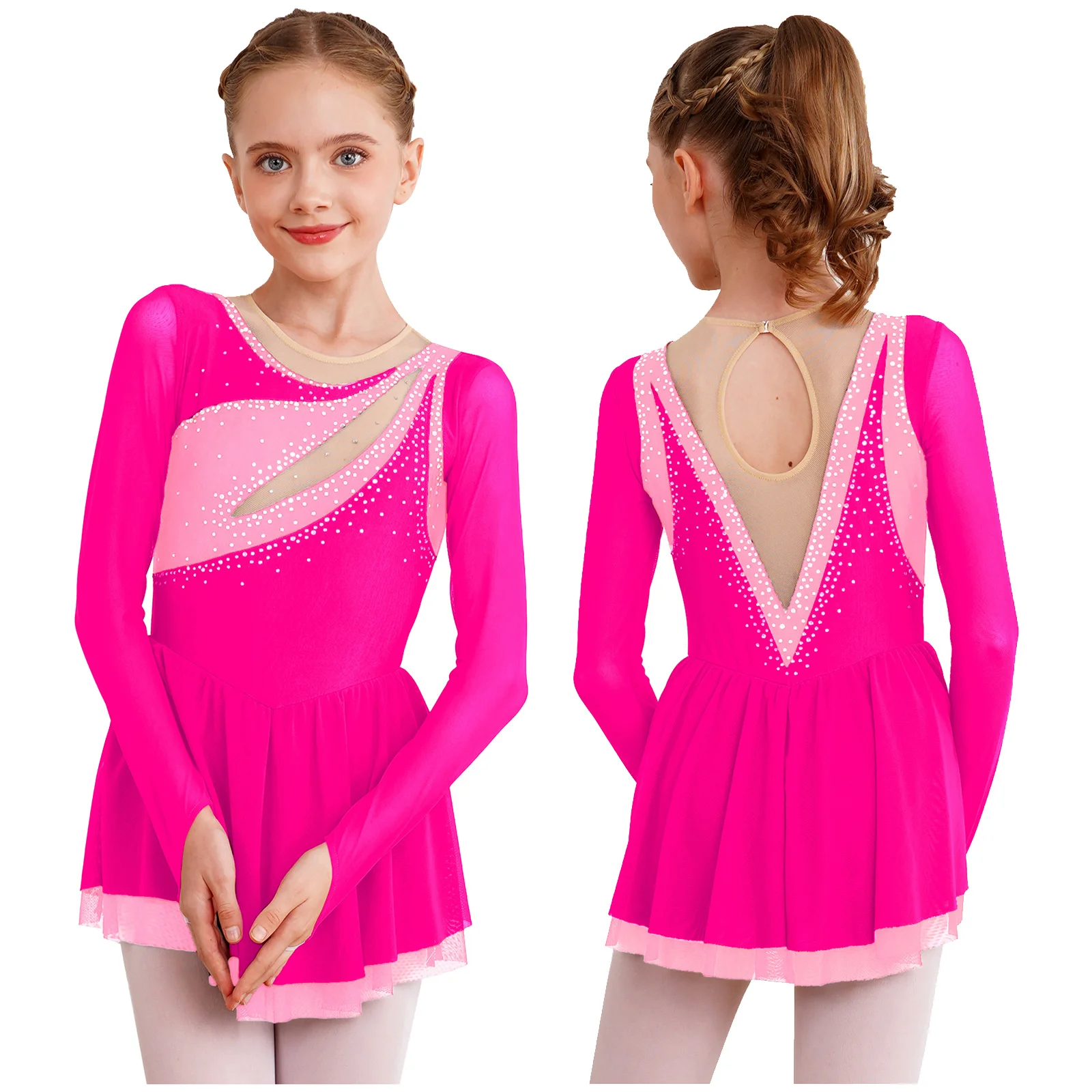 Kids Girls Ballet Lyrical Dance Dress Rhythmic Gymnastics Leotard Tutu Dresses Long Sleeve Rhinestone Figure Skating Dancewear