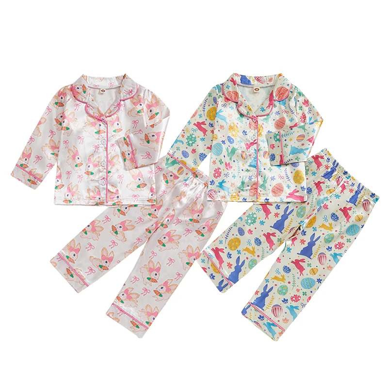 Tregren 1-7Y Kids Girl Easter Satin Pajama Set Bow Rabbit/Egg Bunny Long Sleeve Button-up Tops Long Pants 2Pcs Sleepwear Outfits