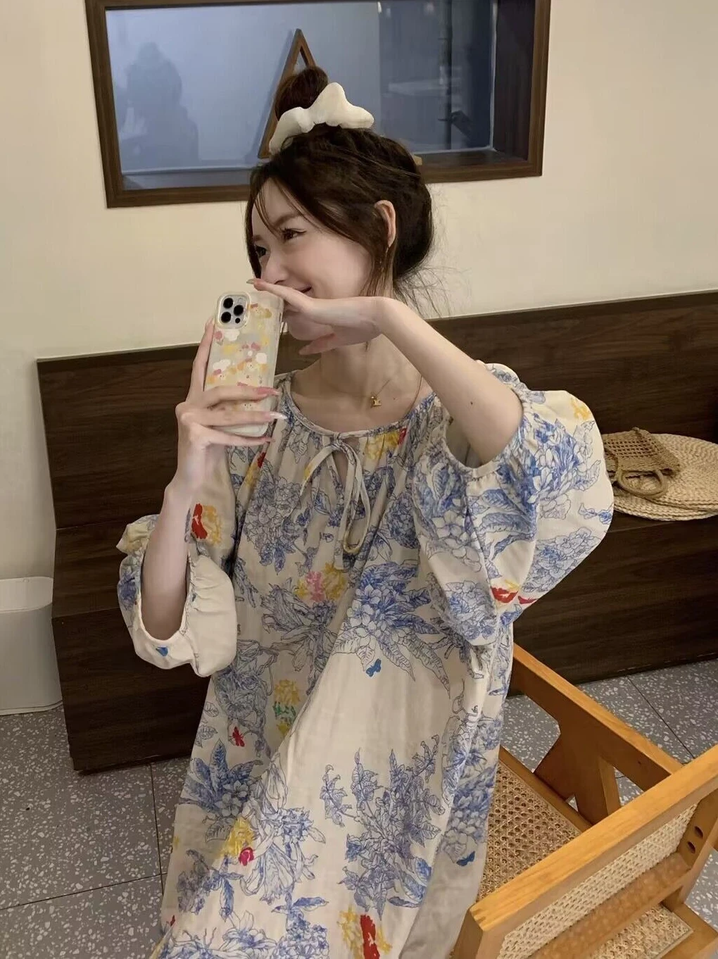 Retro Blue And White Porcelain Print Dress Sleepwear Casual Short Sleeve Loose Home Clothes for Women Comfortable Leisure Style