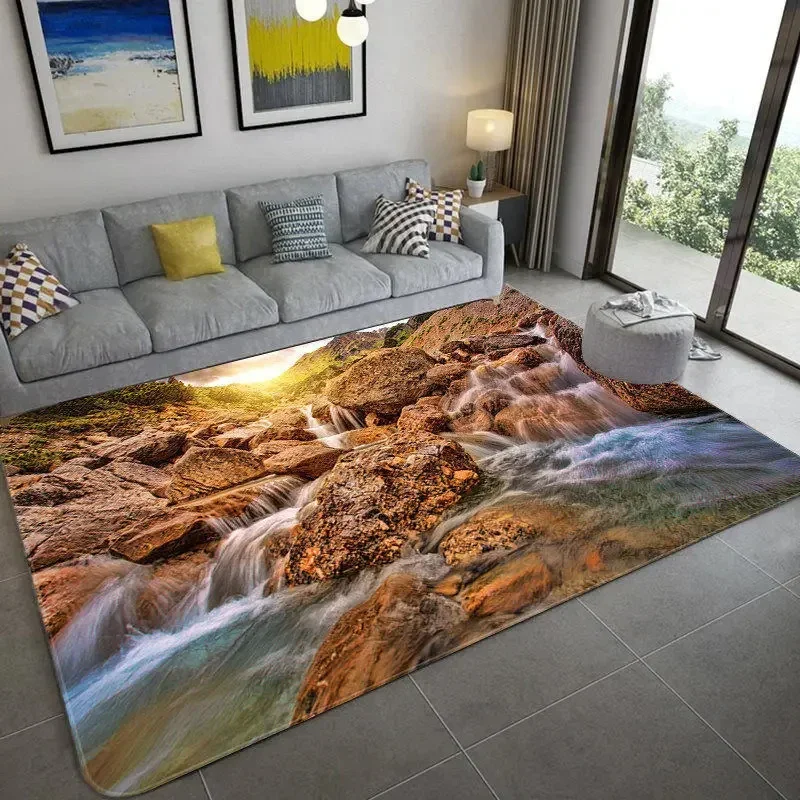 Natural Scenery 3D Carpet for Living Room Green Forest Waterfall Landscape Rug Bedroom Anti-slip Carpet in The Bathroom Large