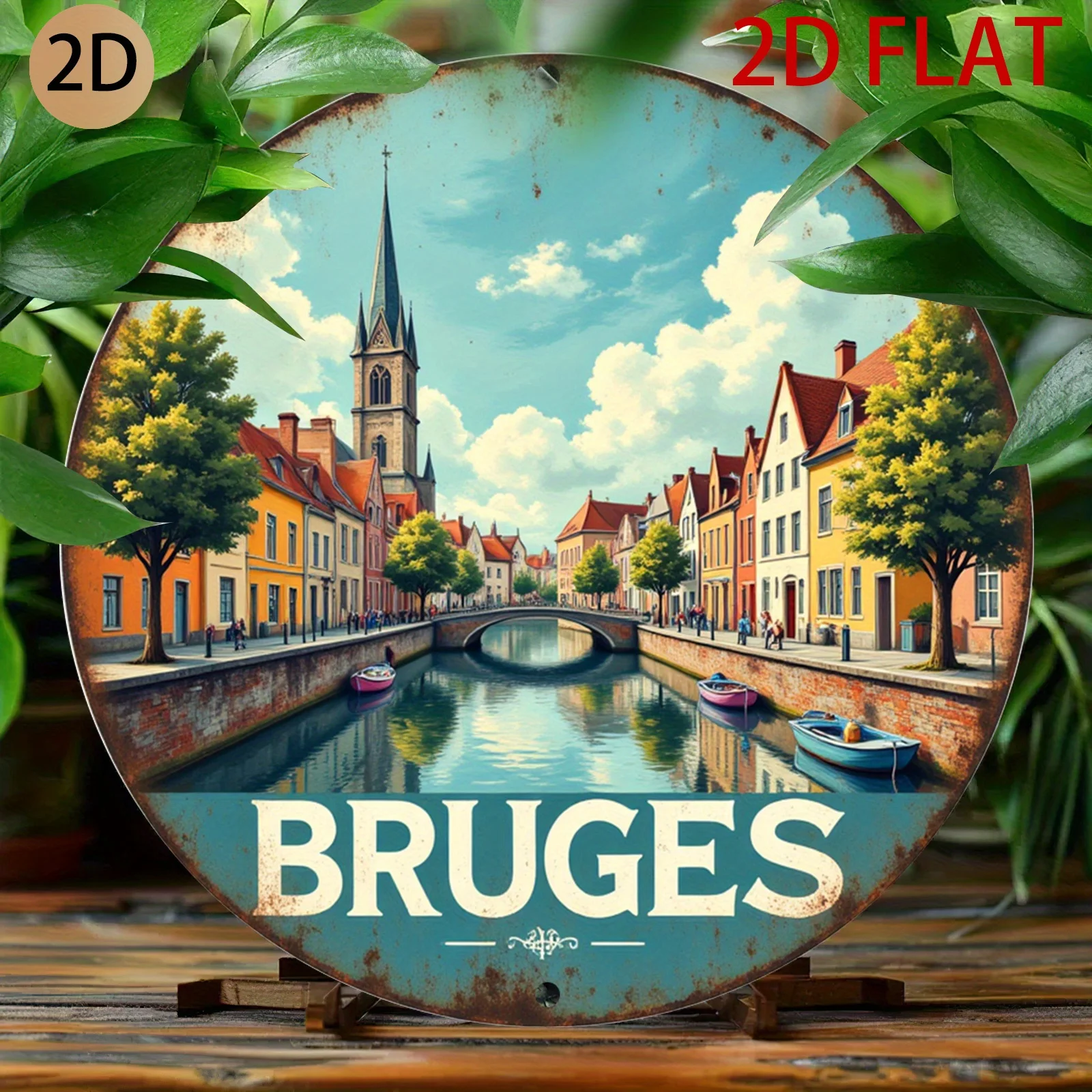 2D Bruges Belgium City Metal Wall Art Sign - Vintage European Town Circular Tin Sign Suitable for Home Living Room or Study, Ret