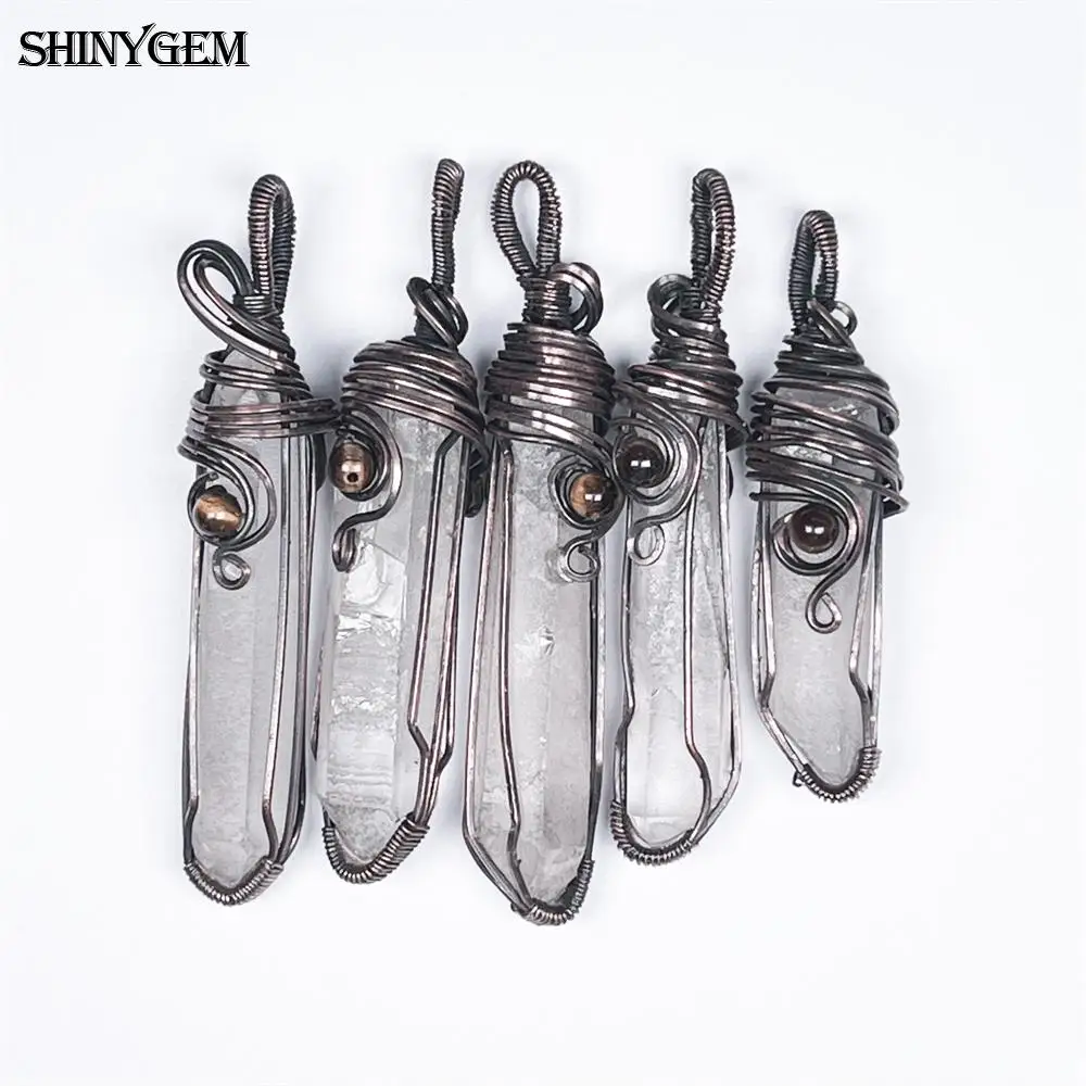 

Shinygem 1 Piece Diy Handmade Brass Wire Wrapped Natural Clear Crystals Healing Stones Hexagonal Point Pendant Necklace