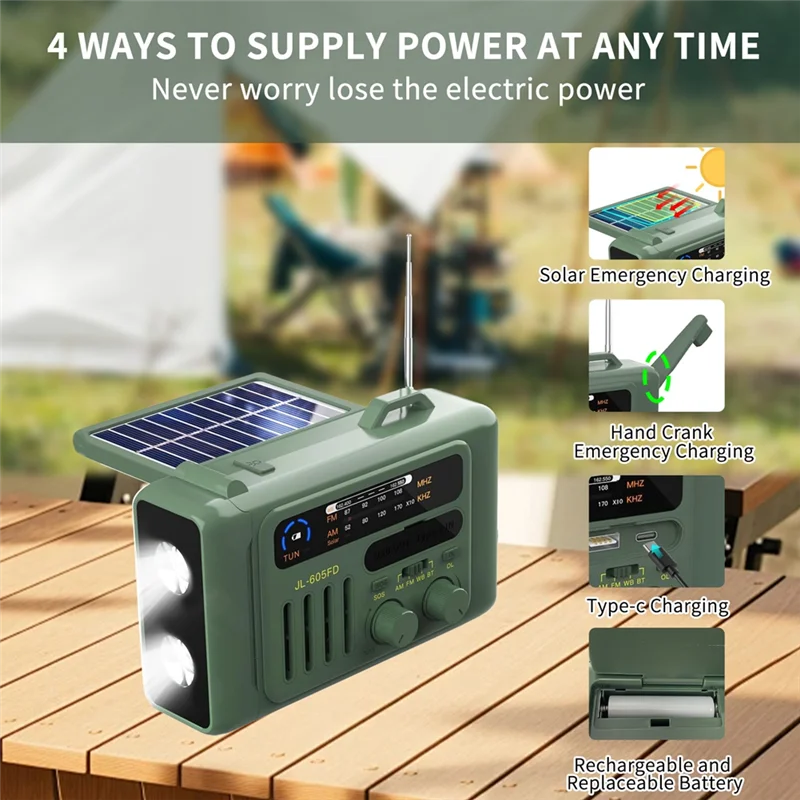 ABSQ-Solar Handslingerradio Outdoor Solar Handslingerradio Draagbare AM/FM/NOAA-radio Bluetooth-luidspreker met LED-leeslamp Gre