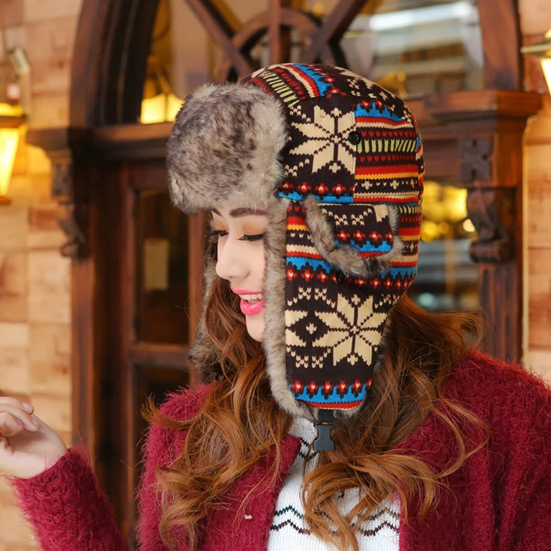 2023 Korean Style Snowflake Pattern Russian Ushanka Hats with Earflap Warm Women Colorful Bomber Hats Ladies Windproof Cap