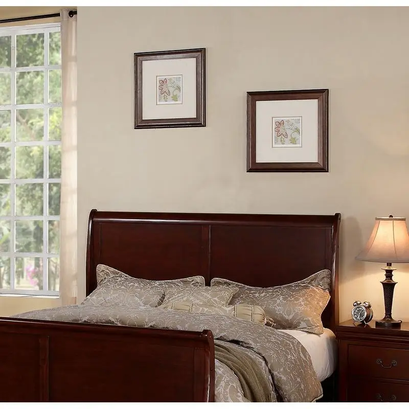 Modern Queen Size Bed Sleigh Design Headboard Footboard Plywood Bedframe Dark Cherry Color Louis Philippe Style Bedroom