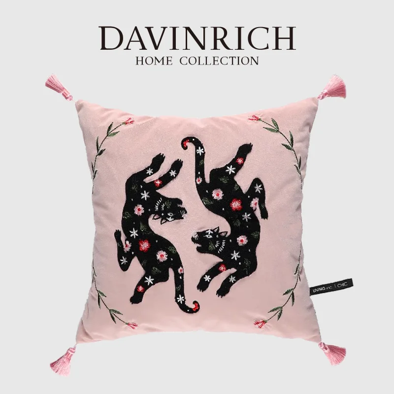 DAVINRICH GG Style Inspired Black Leopard Throw Pillowcase In Pink Velvet Luxury Decorative Accent Cushion Cover Boho Home Decor