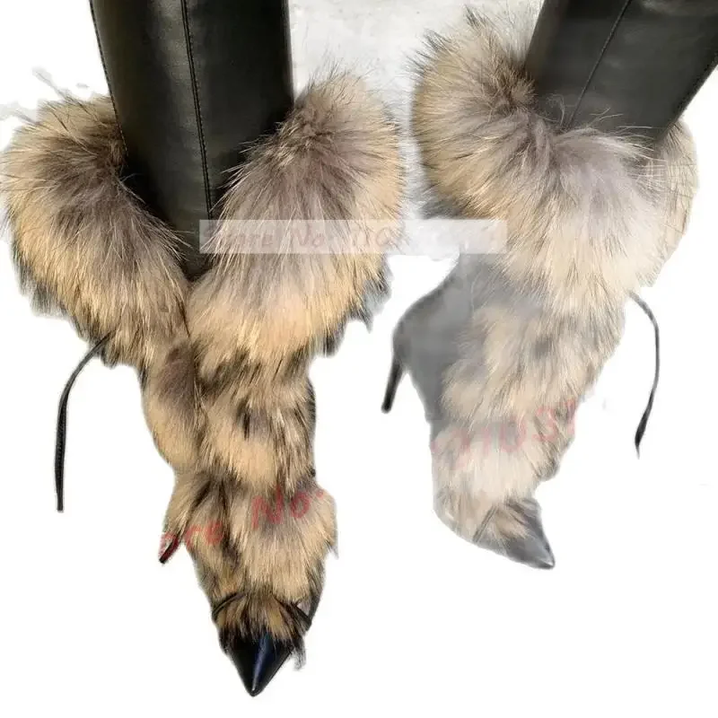 Real Fur Fluffy Mid-calf Boots Ladies Fashion Sexy Cross-tied Pointy Winter High Heel Shoes Women Luxury Big Size Stiletto Boots