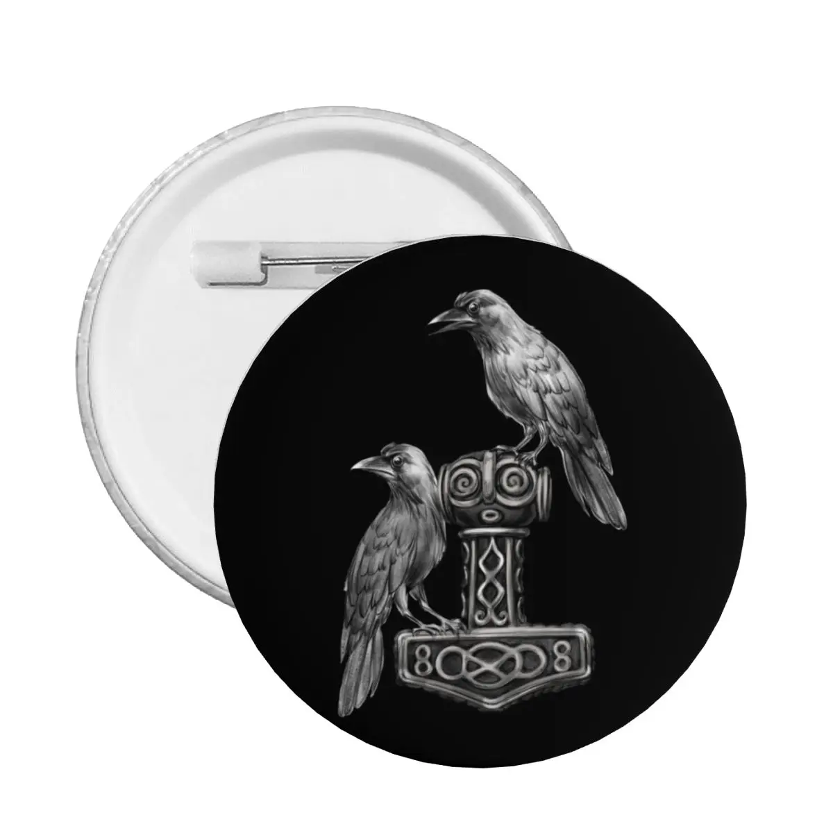 Thor Hammer Mjolnir With Odin Ravens Pin Back Buttons Personalize Norse Viking God Brooch Badge for Jeans Pinback Birthday Gift