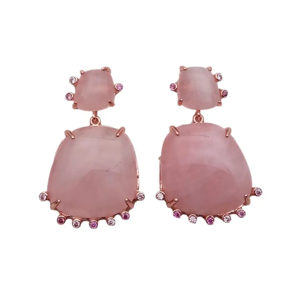 

KKGEM 23mm Natural trapezia shape Rose Quartz Earrings Rose Gold Plated Cz Crystal Unique Earrings