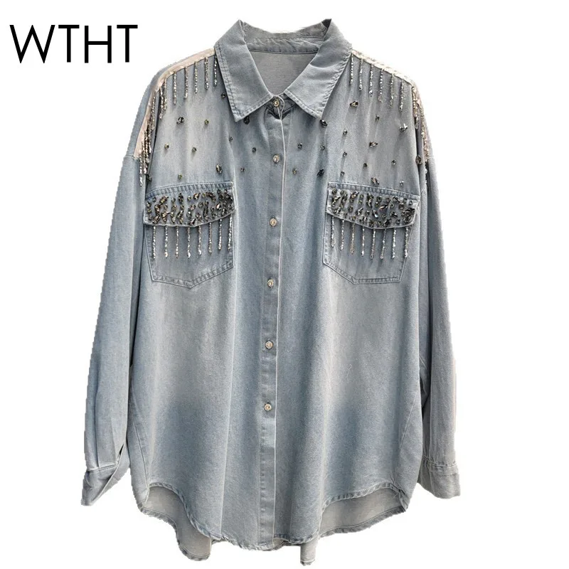 

WTHT Fashion New Women's Heavy Industry Diamonds Tassel Denim Shirts 2025 Summer Trendy Lapel Long Sleeves Blouse Female 1LS1988