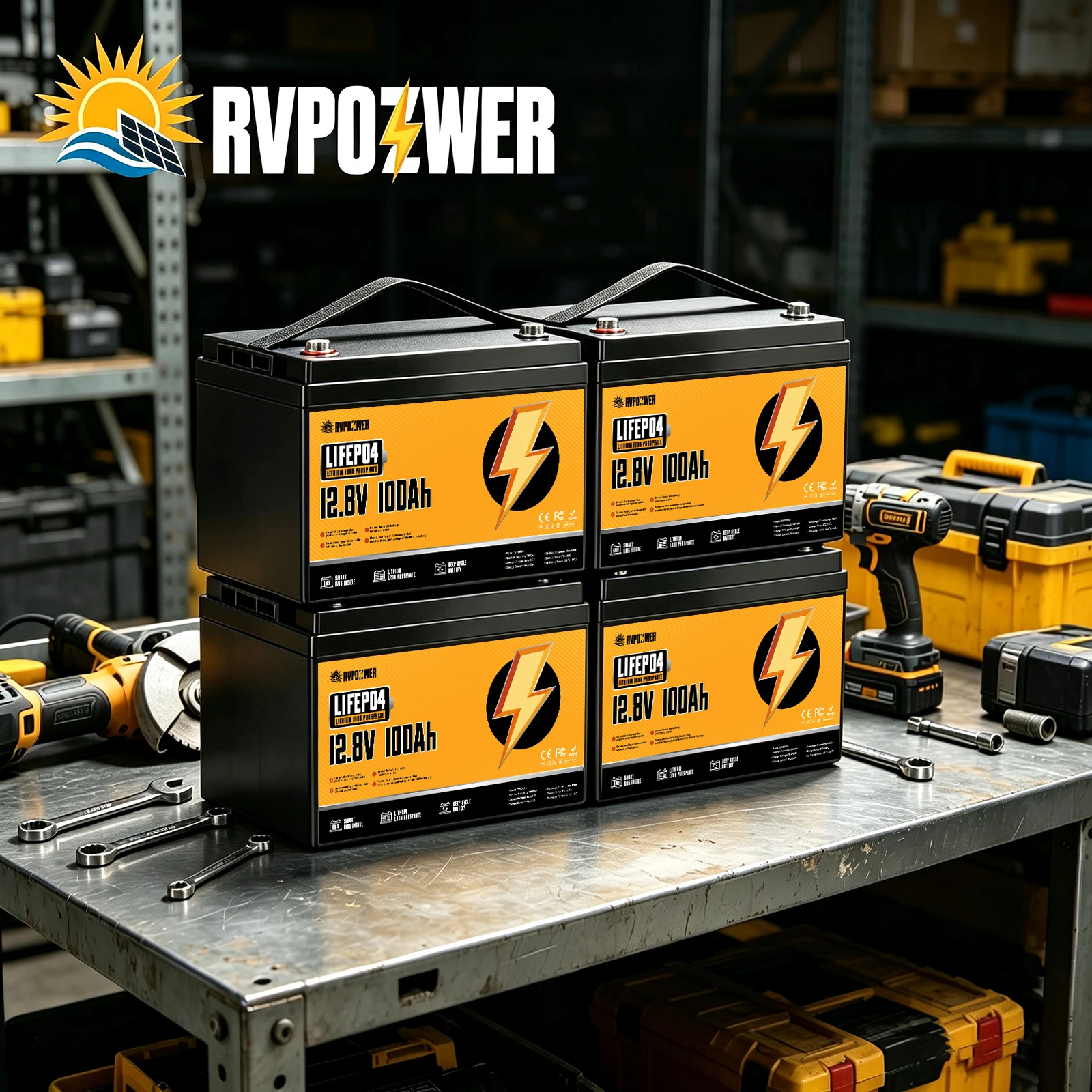 Batterie au phosphate de fer et de lithium LiFePO4 RVPOZWER 12,8 V 100 Ah, BMS intelligent 100 A intégré, capacité nominale de 1280 Wh, plus de 15 000 cycles profonds, batterie rechargeable portable, pour camping-car, caravane, marine, stockage d'énergie solaire hors réseau