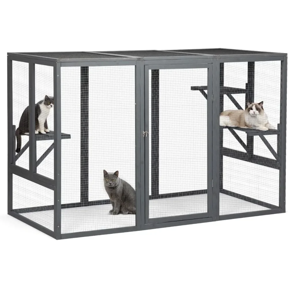 

Outdoor Cat Enclosure,71" L Outside Cat House Weatherproof, Wooden Large Catios for Cats Patio, Cat Houses with 3 Platforms,Grey