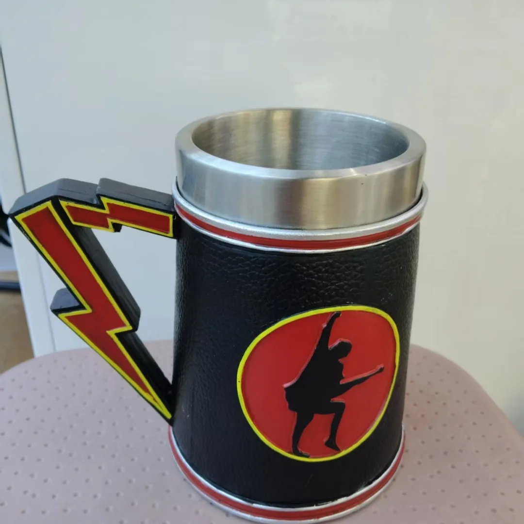 AC/DC High Voltage Rock Beer Mug Stainless Steel Tankard Retro 3D Lightning Handle Stein Coffee Cup Rock Band Gift for Music Fan