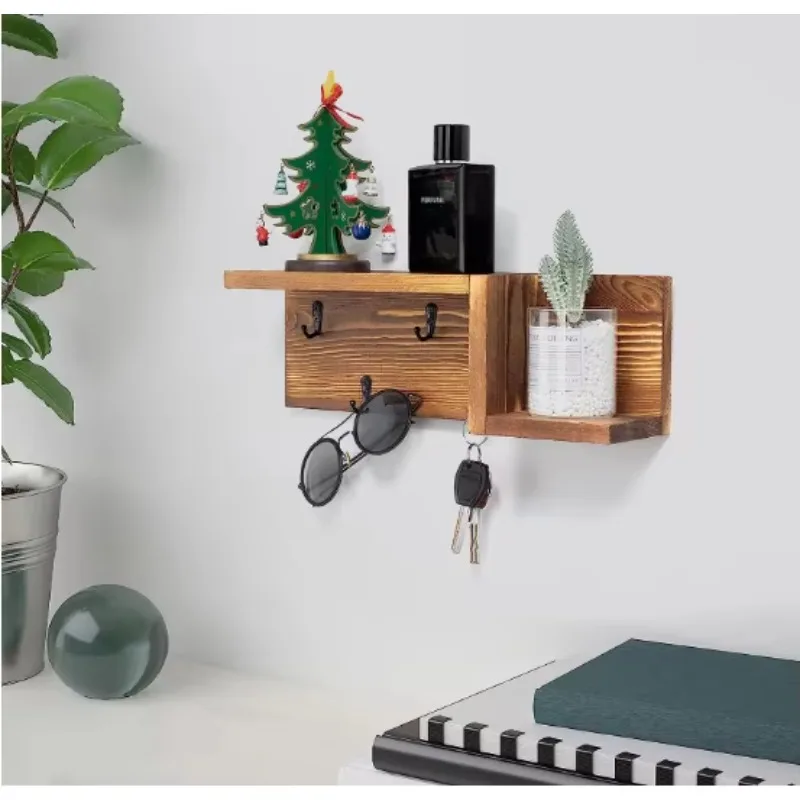 Wooden  Holder for Wall Decorative Mail and  Holder Organizer with 4 Hooks Rustic Home Decor for Wall