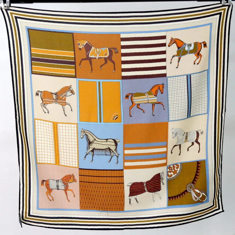 65x65cm Double Sided Print Square Scarf 70%WOOL 30%MULBERRY SILK Blend Twill Scarf Vintage Equestrian Horse Grid Neck Wrap Shawl