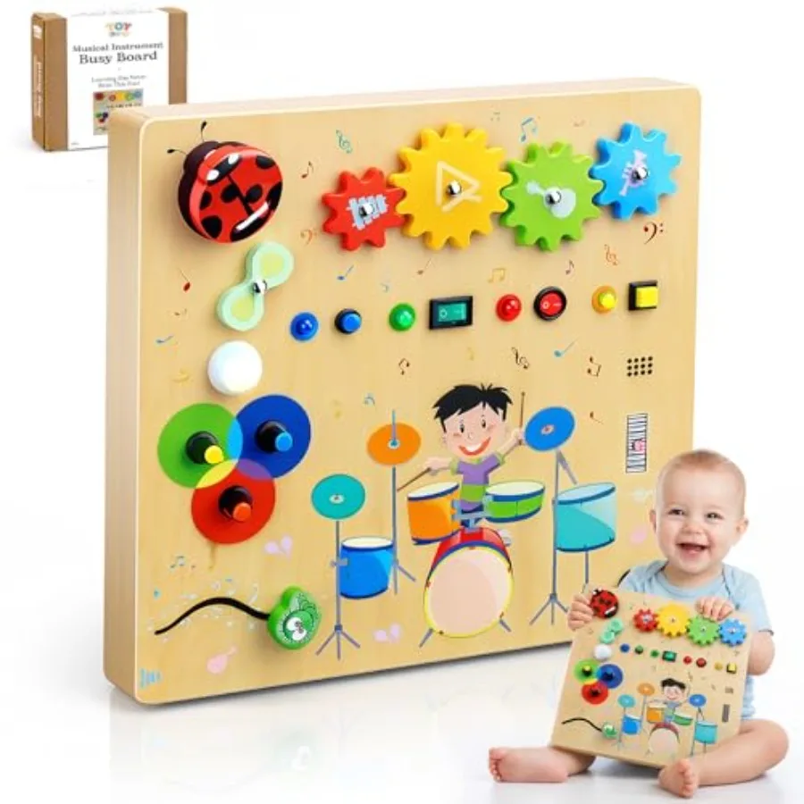 

Montessori Wooden y Board for Toddlers Baby Fidget Boards with LED Light Switches Music Game 4 Gears Sensory Toys Light Switch