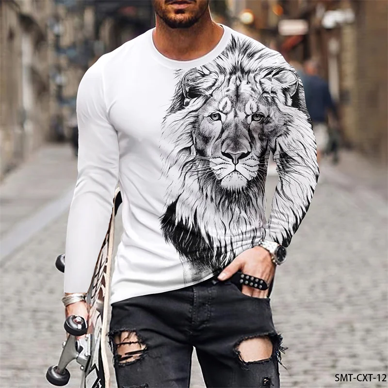 6XL Plus Size Men's Clothing  Lion Pattern T-Shirts Spring Autumn Long Sleeve 3d Printed Autumn Street Hip Hop Male Tops Tee