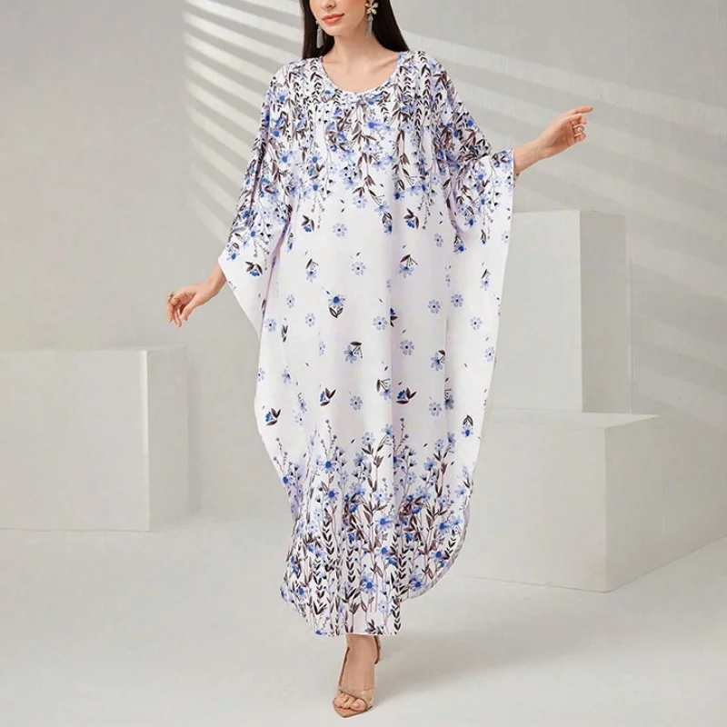 2024 New Eid Al-Fitr Muslim Abaya For Women Ramadan Moroccan Elegant Flower Print Dress Dubai Batwing Sleeve Gown Arab Abaya