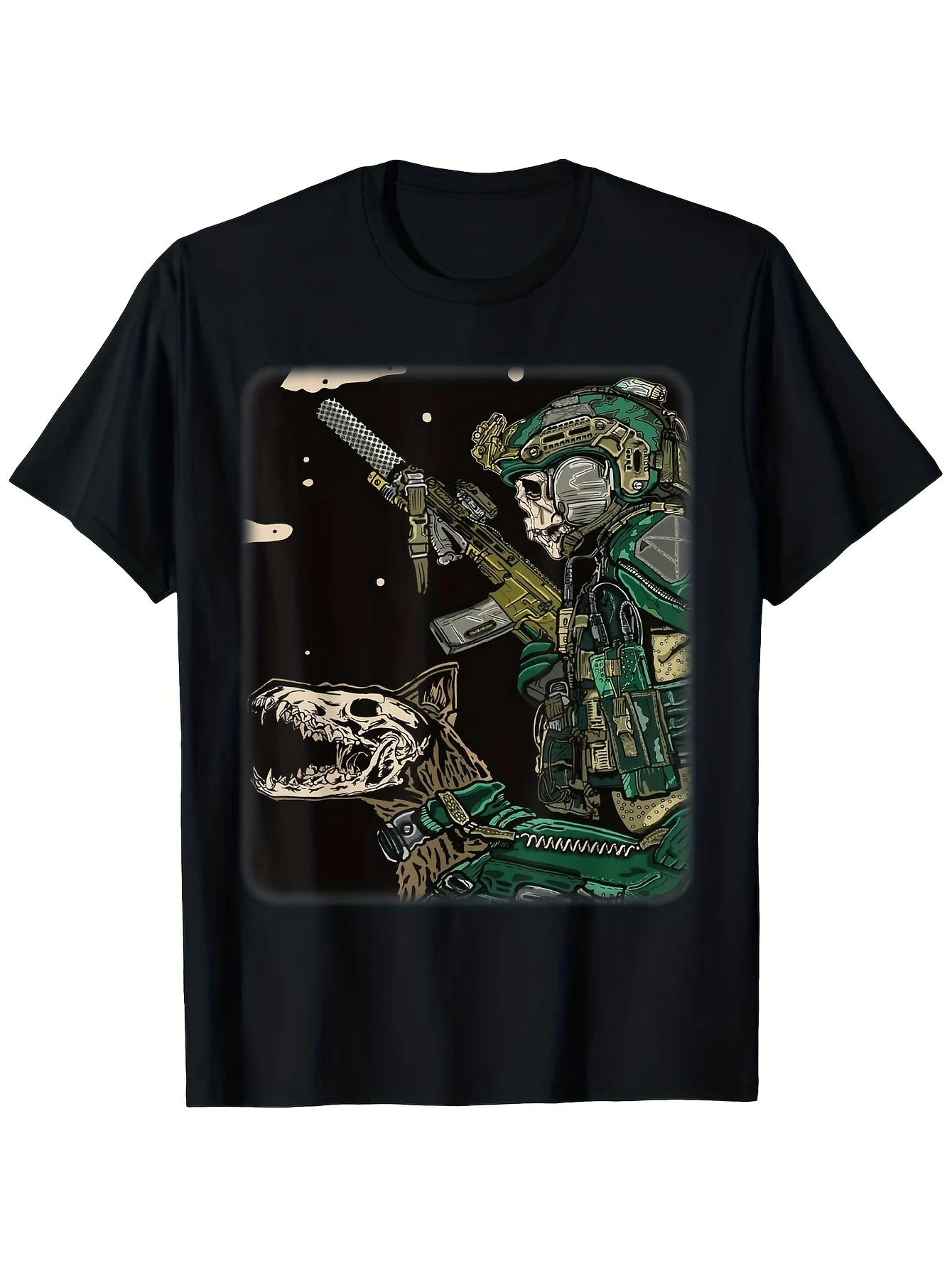 Herren Taktisches Grafik-T-Shirt Schwarz Militär Totenkopf Helm Nachtsicht Sternenhimmel Design, Nicht-Stretch-Stoff, Maschinenwäschbar