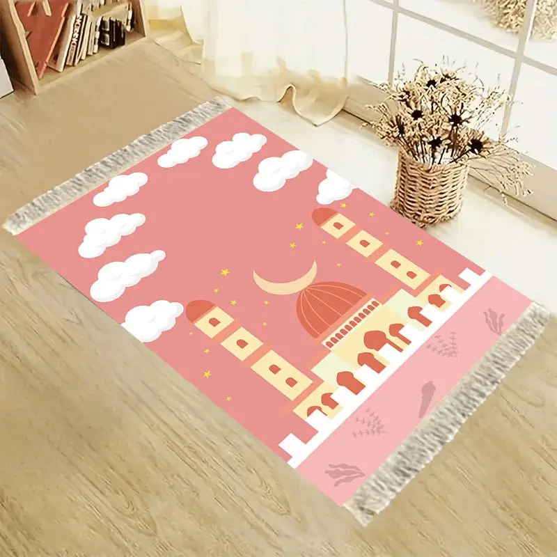 VIKAMA Peach Pink Cloud Starry Moon Mosque Arch Worship Carpet Wear resistant Portable Home Worship Mosque Pilgrimage