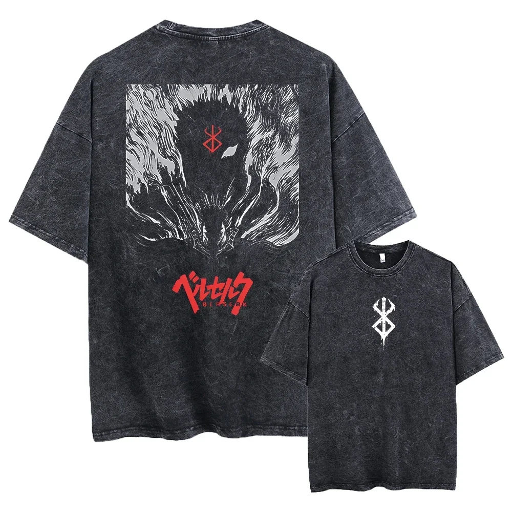 Anime Berserk Guts Acid Tshirt Retro Vintage Washed Graphic Tees Men Harajuku Casual Short Sleeve Tshirt Tops Unisex