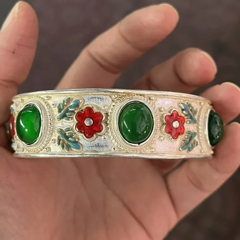 Vintage Ethnic Old Silver Gilt Cloisonne Open Bangle, Filigree Inlaid Red & Green Gemstone, Unisex Retro Wrist Cuff Jewelry